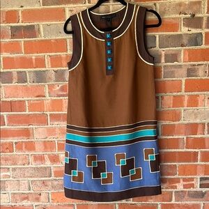 Brown and Blue Sleeveless Dress with Geometric Pattern
